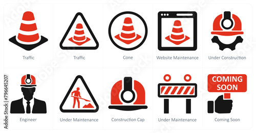 A set of 10 Under Construction icons as traffic, cone, website maintenance