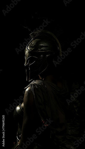 Female spartan warrior in complete darkness.