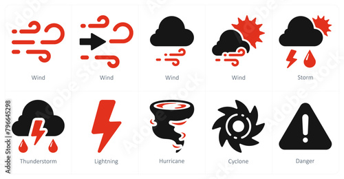 A set of 10 Weather icons as wind, storm, thunderstorm