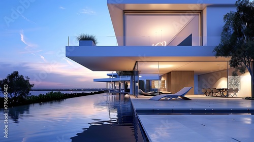 Beautiful modern house evening view interior and exterior © Michael