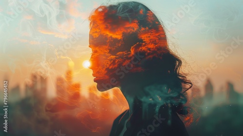 Double exposure image of a young woman looking forward during sunrise overlaps the image of the cityscape.