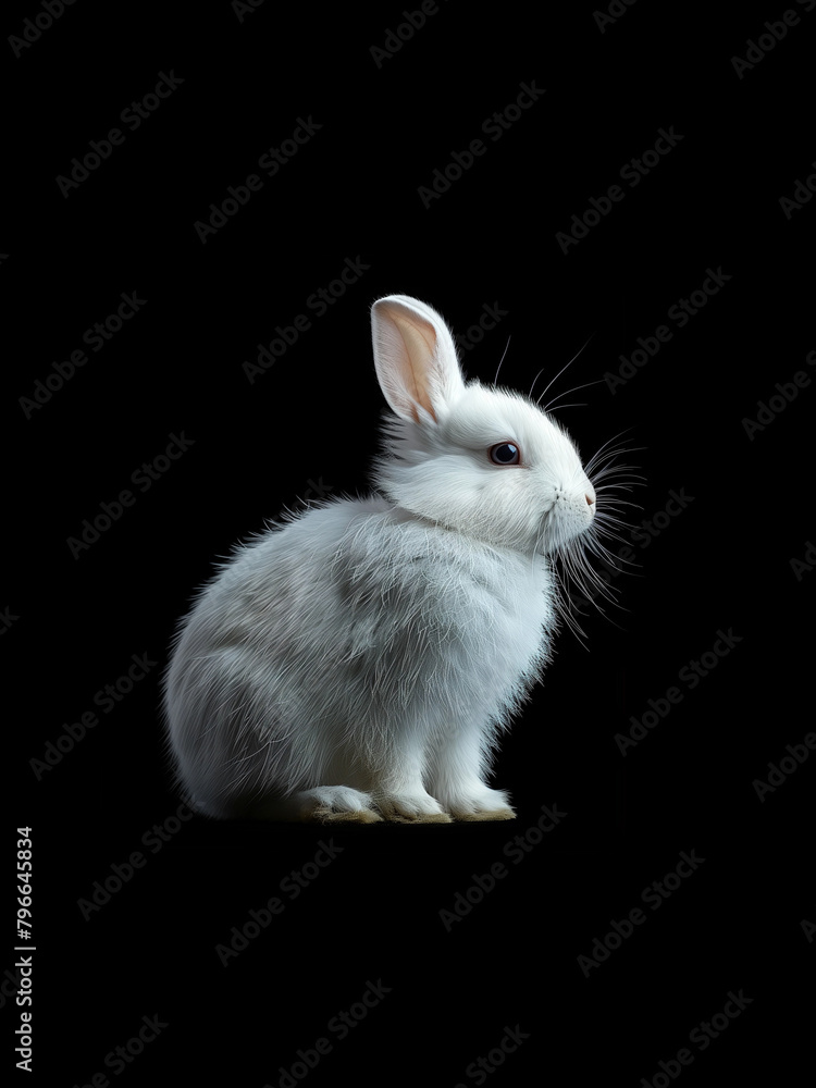 Small and cute white rabbit on black background