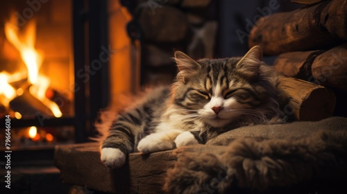 Cat sleeping on blanket near fireplace