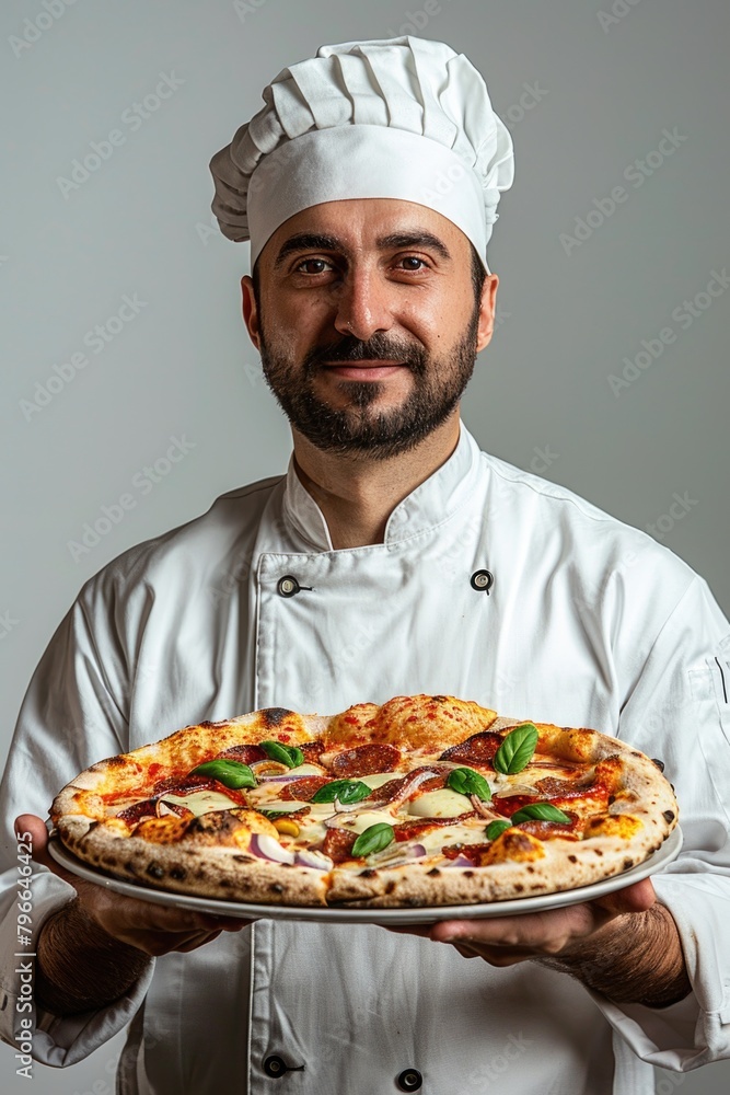 Satisfied positive chef holding delicious appetizing pizza in his hands Satisfied positive chef holding delicious appetizing pizza in his hands