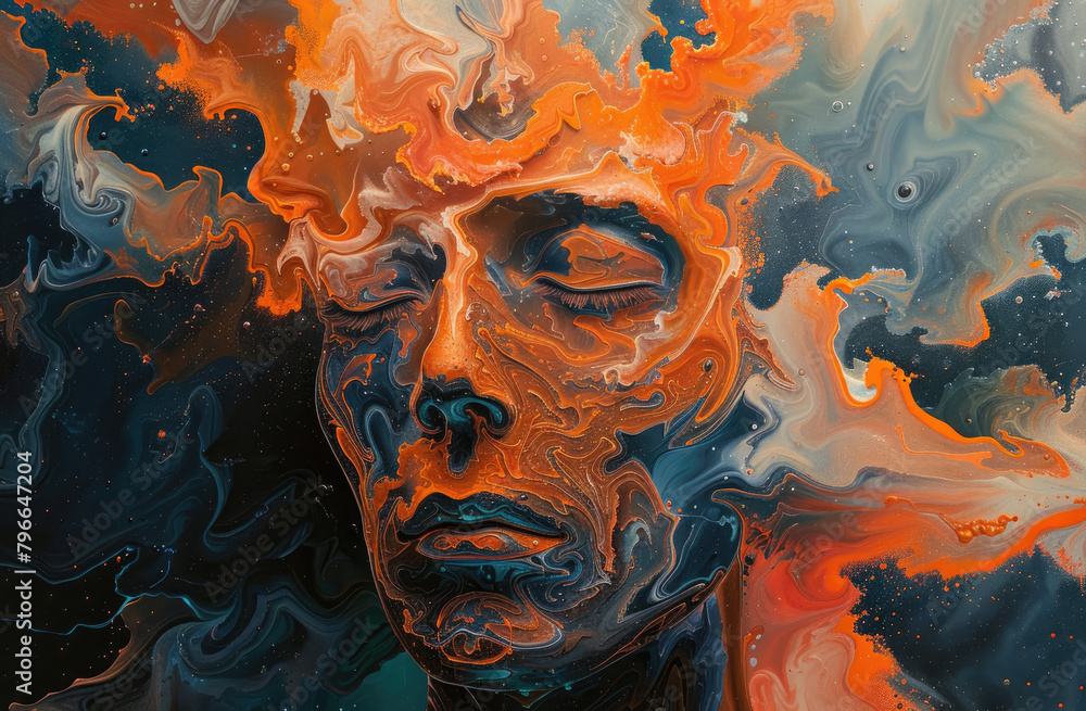 an orange and dark blue mans face made of flowing clouds of color, textured patterns resembling rock formations