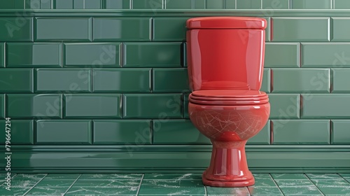 Red toilet in green tiled bathroom