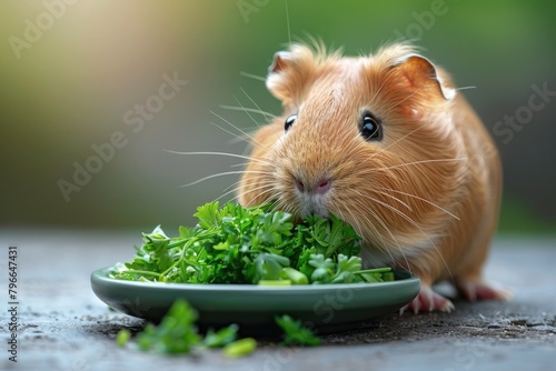 Brown and white guinea pig eating greens on a plate photo