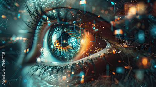 An eye with digital elements and icons floating around it, representing the use of AI in vision checkups Round unique hyper-realistic