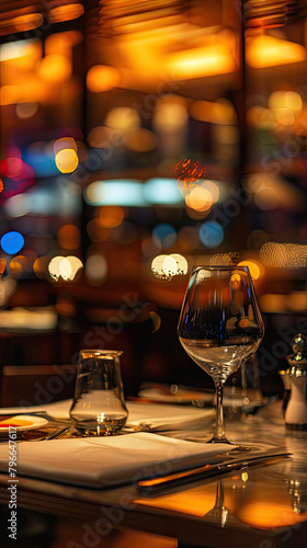 an empty table in the foreground, with a blurred background of a dimly lit luxurious restaurant interior, creating a cozy and inviting atmosphere