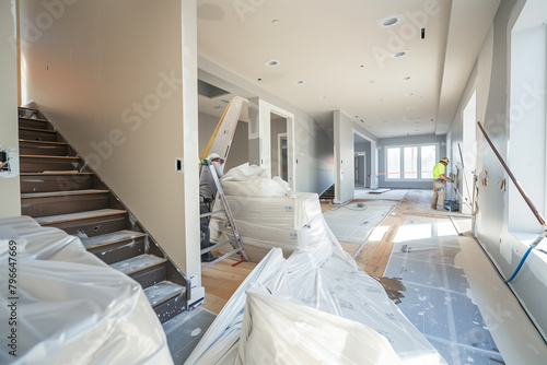 professional shot showcasing the teamwork and expertise of home renovation specialists, as they carefully paint the walls of a newly constructed modern house, exemplifying quality photo