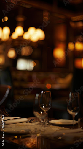 an empty table in the foreground, with a blurred background of a dimly lit luxurious restaurant interior, creating a cozy and inviting atmosphere