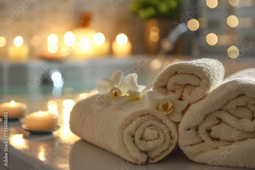 candles and towels next to a spa pool
