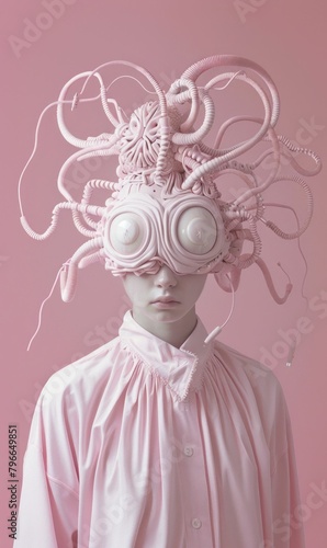 Elegant woman in pink dress and headpiece with tentacles posing for fashion photo shoot © VICHIZH