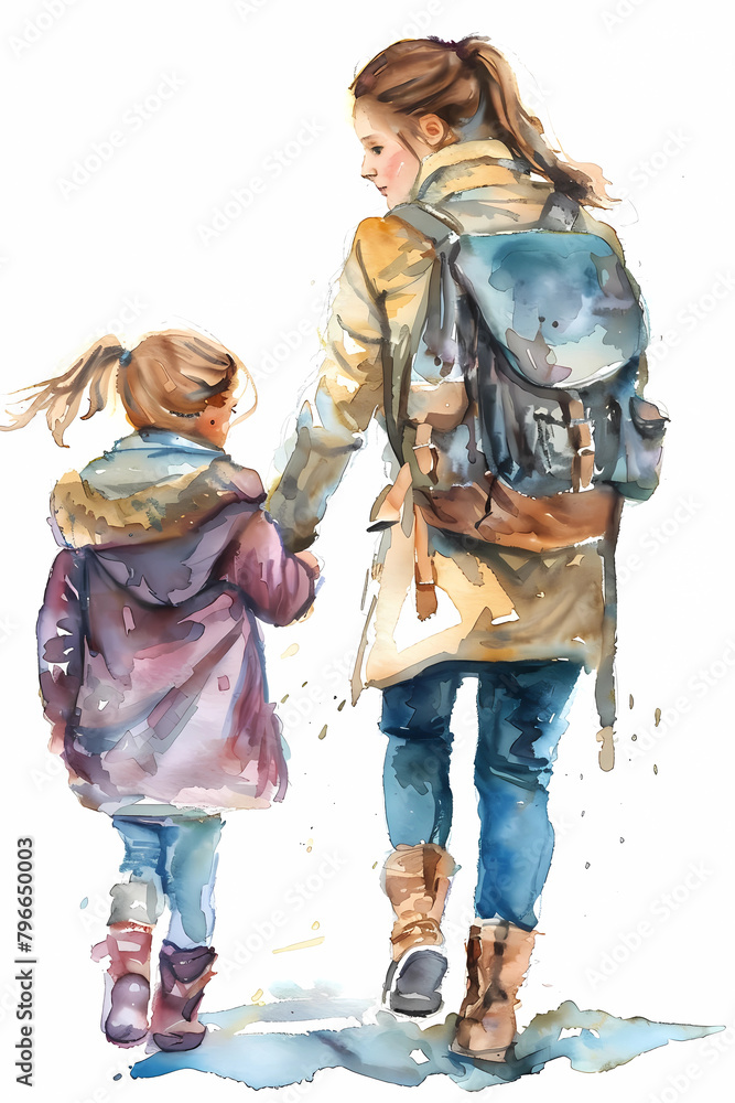 A full-length image of a mother and daughter. Rear view. Watercolor illustration. Isolate on a white background