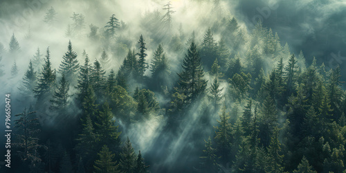 Aerial view pine tree forest foggy morning, top view nature outdoor evergreen landscape.	
 photo