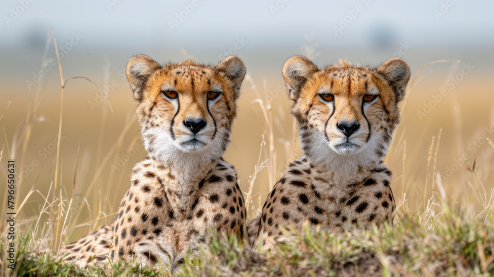 Majestic Cheetahs in open range. African safari. Savannah. Wildlife, habitat, nature reserve. Majestic Cheetahs in open range. African safari. Savannah. Wildlife, habitat, nature reserve.