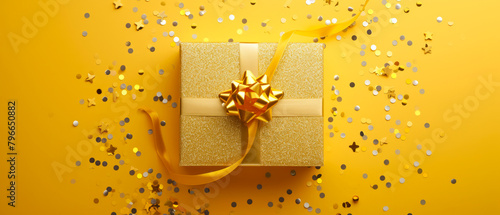 Happy Holidays mock up with gift box on yellow. Celebration greeting background with presents, confetti, decorations. Flat lay. Top view. Generative Ai