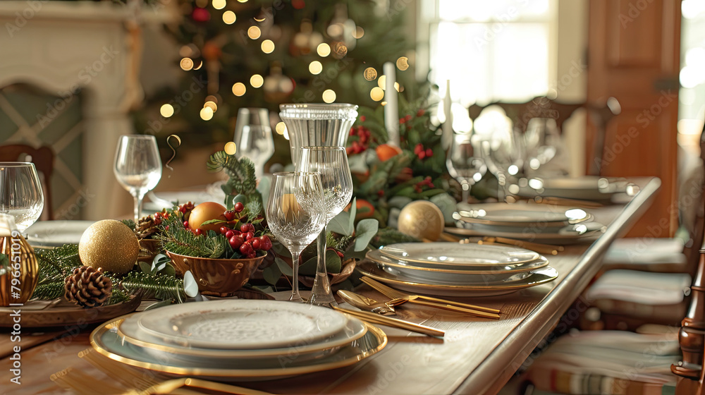 A festive table setting for a holiday meal, with a focus on the communal joy and seasonal decorations. A festive table setting for a holiday meal, with a focus on the communal joy and seasonal decorations.
