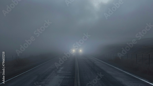 A foggy road with a phantom car appearing out of nowhere  its headlights piercing the mist.