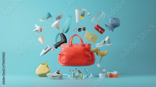 Necessary Accessories Coming Out Of A Handbag Purse 3D render of various items falling out of a purse. Handbag with miscellaneous vital items and accessories. 
