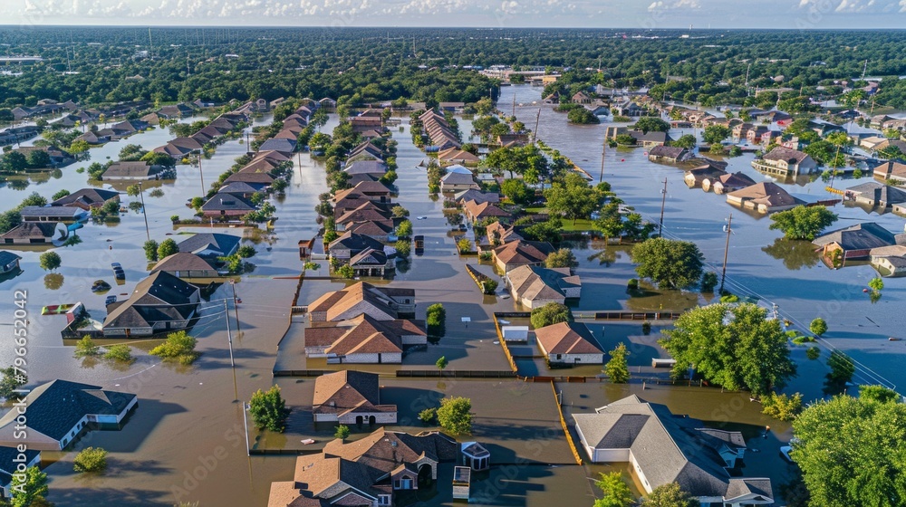 A flooded neighborhood with houses and trees