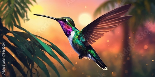 Illustration Of a Flying Hummingbird Near Flower On Sunset