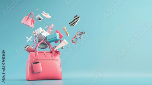 Necessary Accessories Coming Out Of A Handbag Purse 3D render of various items falling out of a purse. Handbag with miscellaneous vital items and accessories. 