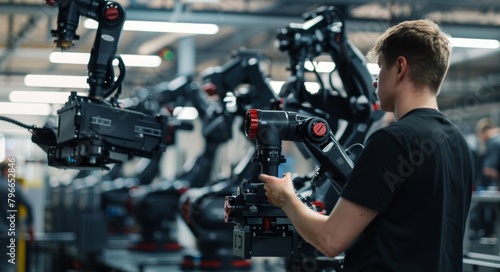 A man controls a factory robot while a coworker assists on his right, Generated by AI