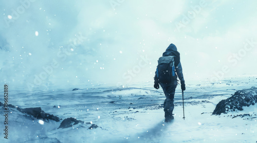 a woman hiking through a winter tundra On the left of the composition is the man walking towards the horizon wearing dark survival and hiking gear