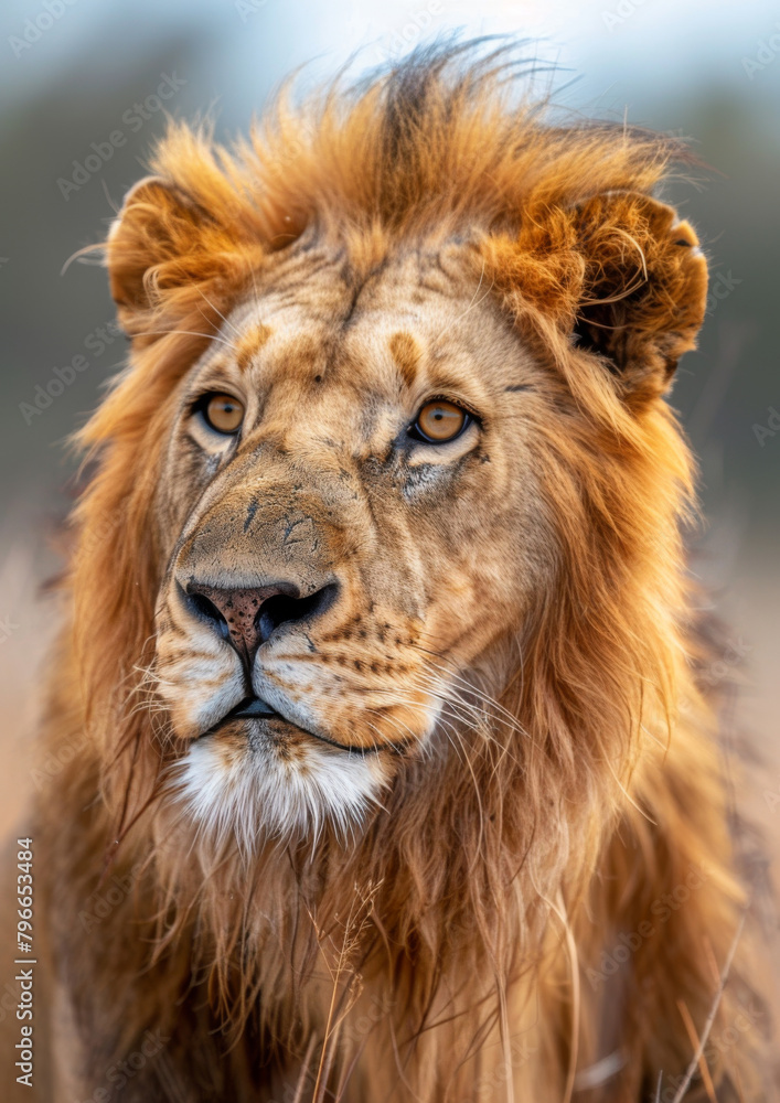 Portrait of majestic Lion. African safari. Savannah. King. Powerful. Wildlife, habitat, nature reserve.