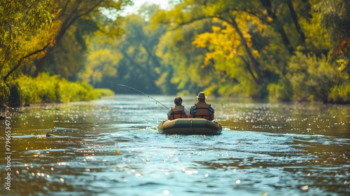 Dad and son fishing from inflatable boat on river photo