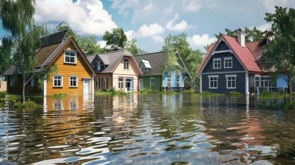 A row of houses are flooded with water A row of houses are flooded with water