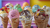 A playful setup of homemade ice cream cones, with a variety of flavors and toppings to choose from.