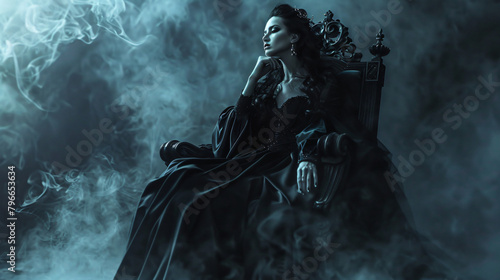 Dark evil queen sitting on a luxury royal throne dark