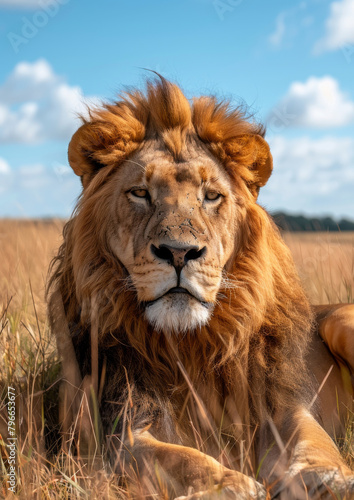 Portrait of majestic Lion. African safari. Savannah. King. Powerful. Wildlife, habitat, nature reserve.