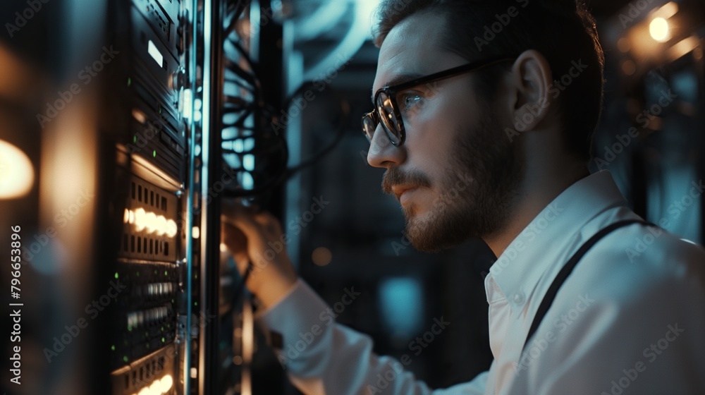 A technical employee works in a server room, close-up. A IT specialist repairing hard drives in a server room. A technical employee works in a server room, close-up. A IT specialist repairing hard drives in a server room.