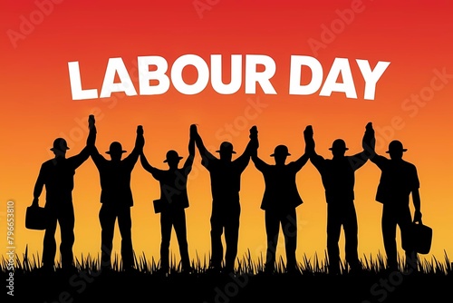 Labour Day. Group of labor force with raised hands against sunset background, unity, strength concept.