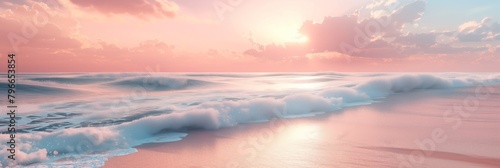 Illustration of a serene summer beach at sunset, the sky painted with shades of pink and orange, gentle waves lapping the shore, with a wide, clear sky.  photo