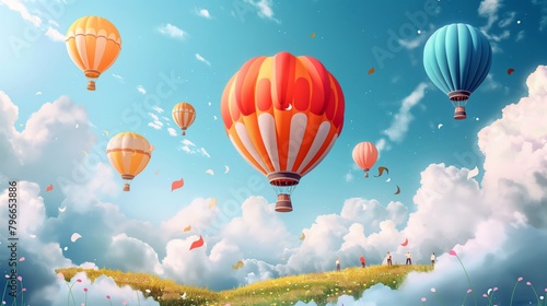 A hot air balloon festival on a summer day, colorful balloons aloft in the sky with small figures watching from below. Festive and whimsical atmosphere concept for design and print.