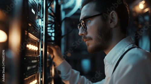A technical employee works in a server room, close-up. A IT specialist repairing hard drives in a server room. © armensl