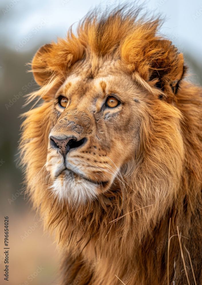 Portrait of majestic Lion. African safari. Savannah. King. Powerful. Wildlife, habitat, nature reserve. Portrait of majestic Lion. African safari. Savannah. King. Powerful. Wildlife, habitat, nature reserve.