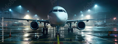 A white jet aircraft on the tarmac of an airport with lights in front and behind it