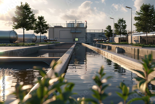 A sewage treatment plant with filtration systems, processing effluent and wastewater for environmental sustainability and clean water preservation.