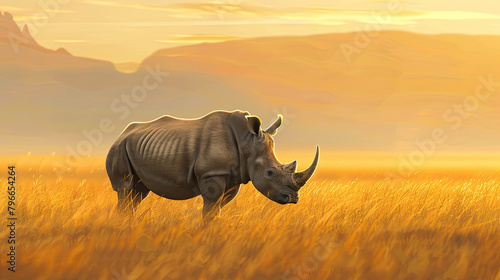A rhinoceros standing alone  the savanna grasses waving gently in the evening breeze  with the backdrop of a sun-kissed mountain range.