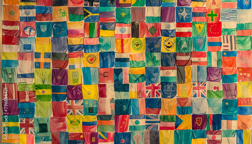 A colorful mosaic of flags from around the world