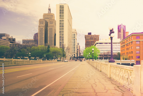 St. Paul City in Minnesota retro-style skyline landscape over the Robert Street Bridge and Mississippi River in the Upper Midwestern United States photo
