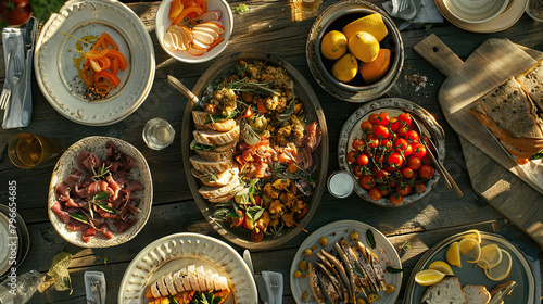 A rustic table spread with a Mediterranean feast, highlighting the warmth of shared meals. photo