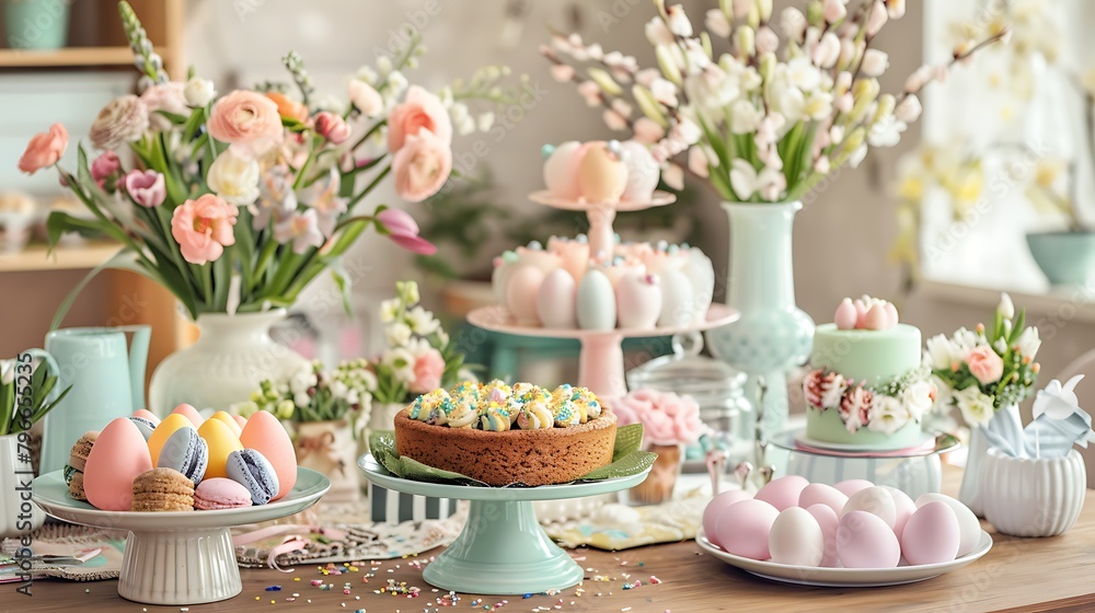 Decorated Table for Easter with Easter Eggs Cookies Cake and Flowers Decorated Table for Easter with Easter Eggs Cookies Cake and Flowers