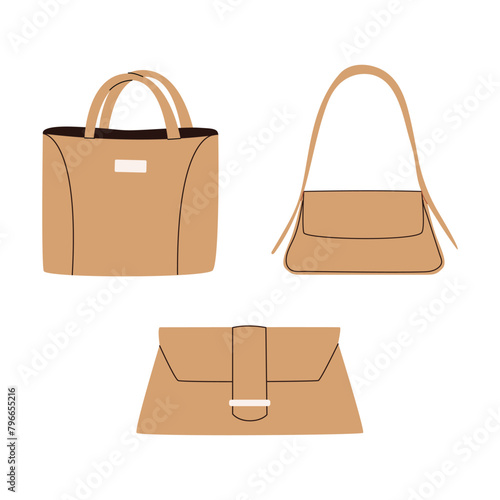 Women's handbag. Different beautiful handbags.  Summer accessory.  Color flat vector illustration isolated on white background. Hand-drawn style. © Hanna Perelygina