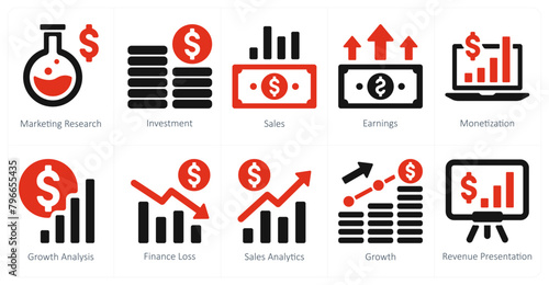 A set of 10 finance icons as marketing research, investment, sales